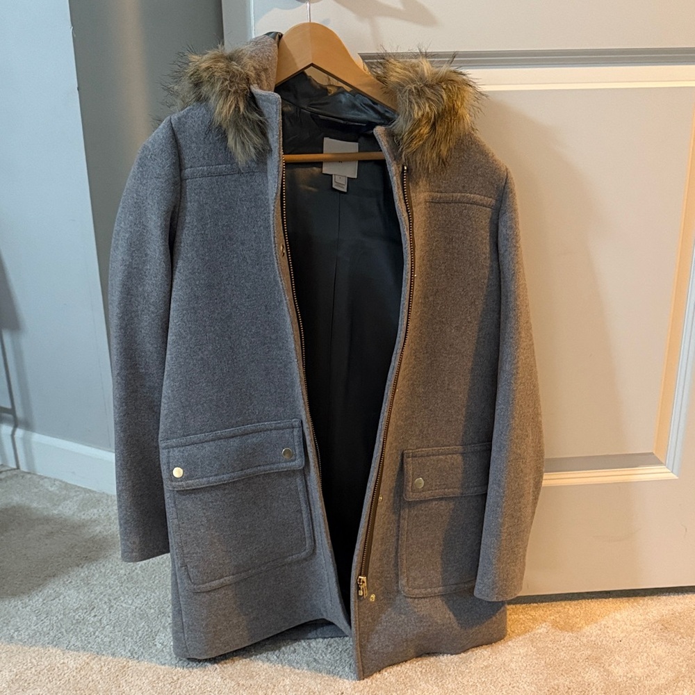 J. Crew Gray Coat with Faux Fur Trim